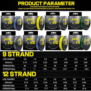 JOF 9/12 Strands 500M 300M 100M PE Braided Fishing Line tresse peche Saltwater Fishing Weave Multifilament 9/12 Threads