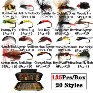 135Pieces/Box Fly Fishing Lure Box Set Wet Dry Nymph Fly Tying Material Bait Fake Flies for Trout Fishing Tackle