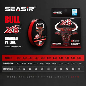 Seasir RedBull 8 Braided Pe Fishing Line 150M 0.8-5.0 12-50LB Japan Quality Multifilament High Stength Strands Main Line